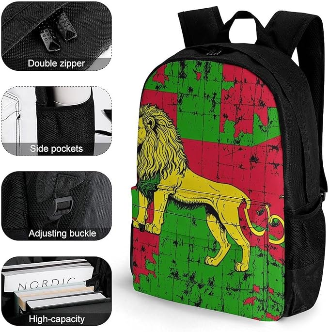 Supdreamc Men Women Polyester Rasta Lion Daypack Big Capacity Shoulder Bag With Adjustable Shoulder Straps for Camping Travel Walking Cycling