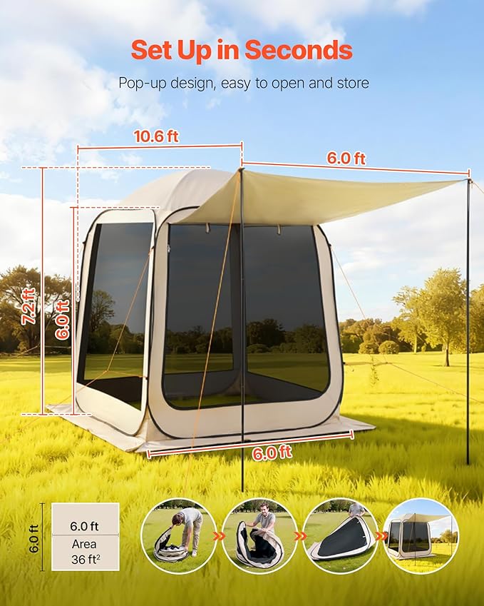 VEVOR Pop Up Screen House Tent, 6 x 6 ft, 4-6 Person Screen Gazebo with Extended Awning, Portable Screened in Canopy with Carry Bag, Netting Sides, for Patio, Backyard, and Outdoor Activities, Beige