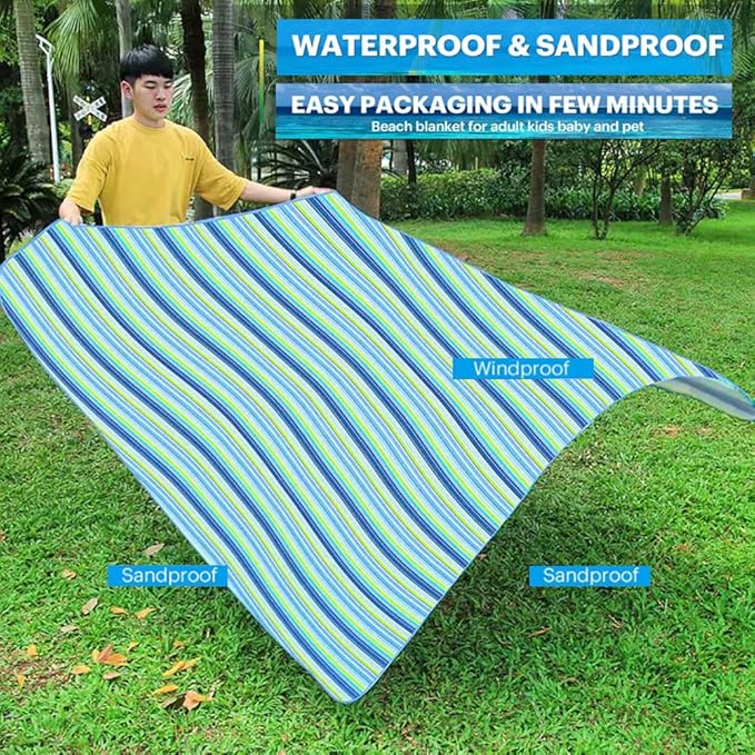RUIBOLU Large Picnic Blanket, Beach Blankets(80X60) Inch Sandproof Beach Mat for 3-5 Adults Waterproof Quick Drying Outdoor Picnic Mat for Travel Camping Park Lawn (Blue Stripes)