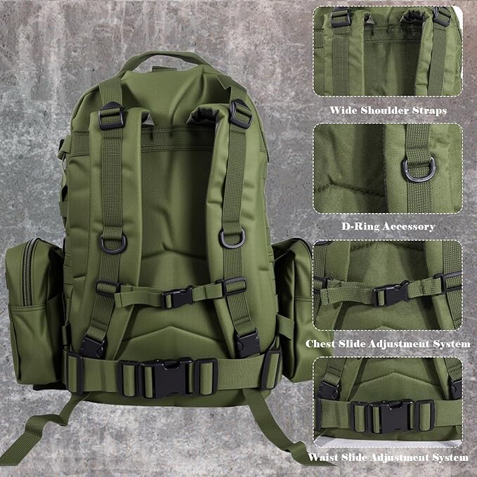 60L Tactical Backpack Military 3-Day Assault Pack, Waterproof Molle System Rucksack with Detachable Bag, Survival Bug Out Backpack for Men & Women(ArmyGreen)