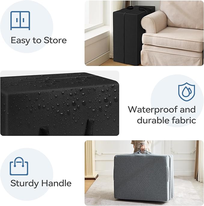 BDEUS Tri-Fold 4" Memory Foam Mattress Twin Size Portable Bed, Foldable Floor Mat for Adults & Kids, Washable CertiPUR-US Certified Cover, Lightweight for Travel/Camping/Yoga
