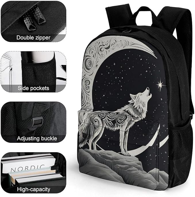 Polyester Daypack for Camping Travel Walking Cycling, Big Capacity Anti-Theft Multipurpose Bookbag, Wolf Howling Moon Camping Outdoor Backpack