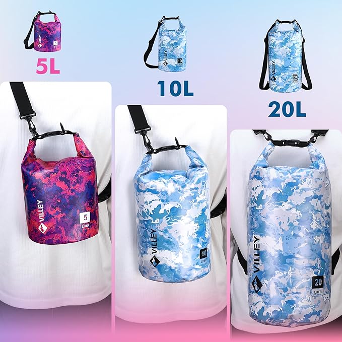 VILLEY Dry Bag Waterproof 5L Roll Top Storage Backpack, Keeps Gear Dry Lightweight Backpack for Kayaking Boating Camping Swimming and Beach Accessories Red Camo