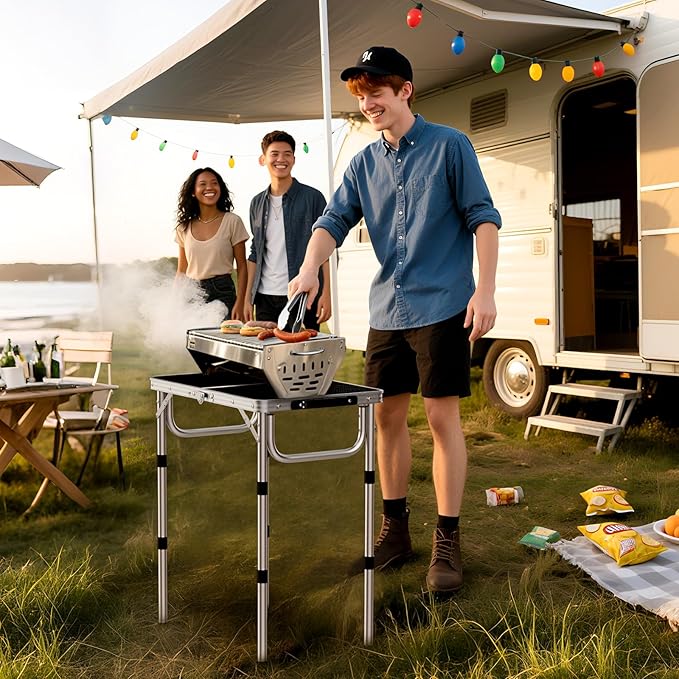 2ft Folding Grill Table, Adjustable Height Max 27.5" Aluminum Camping Table, Heat-Resistant Tabletop, Lightweight, Portable Handle for Travel Cooking BBQ Picnic, 22.8" x 16", Silver