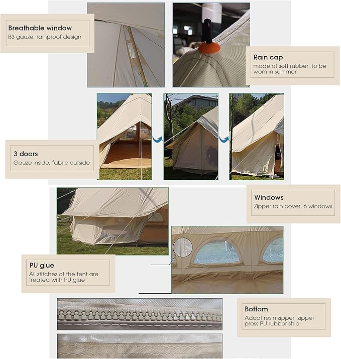 GeRRiT Outdoor Bell Tent 4-Season Luxury Large Yurt Tents 6 Meters 3 Doors Waterproof Portable Glamping Bell Tent 8-12 Persons Cotton Canvas Tent with Hook for Family Camping Hiking Hello