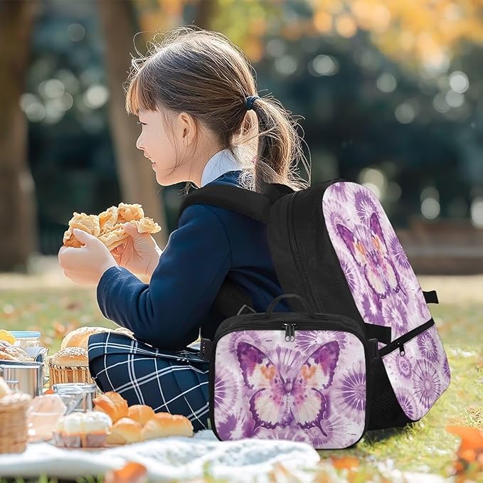 HUGS IDEA Purple Butterfly Backpack for School Girls Bookbag and Lunch Box for Kids 17 Inch Backpack Purse for Elementary Children Lightweight School Bookbag for Students