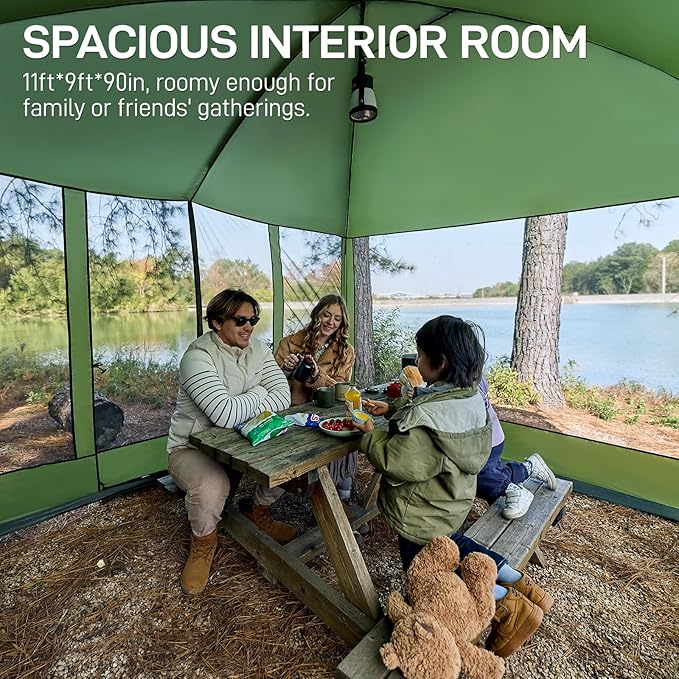 EVER ADVANCED Magnetic Screen House Room 11x9ft, Hands-Free Entry,Screenhouse with Sun Protection for Camping&Picnic, 11x9ftCamping Tent Canopy Shelter with Mesh, Green