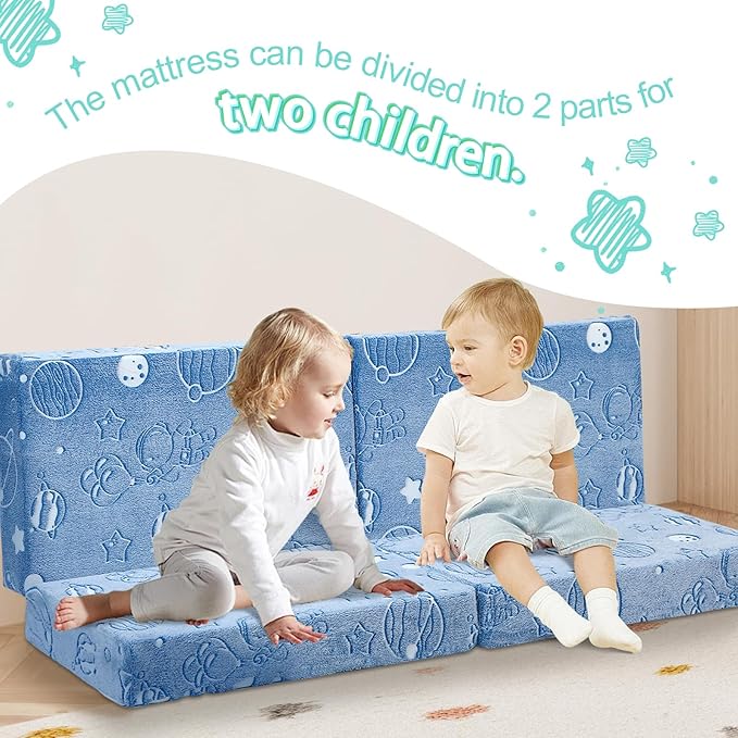 MeMoreCool Kids Folding Mattress, Trifold Mat Foldable Floor Mattress for Kids, 63x26 Tri Fold Floor Mat with Washable Cover and Carry Bag, Portable Floor Mat for Sleepover Daycare, Blue Astronaut