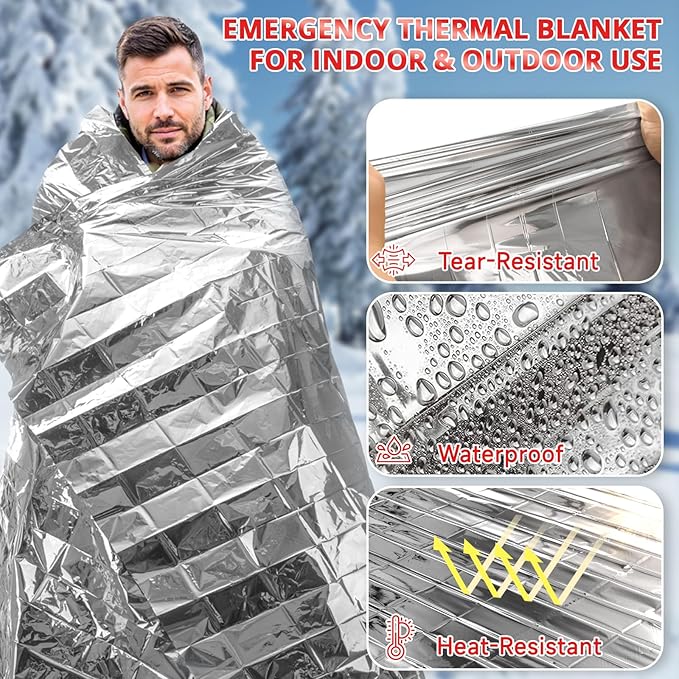 SecuCaptain Survival Emergency Thermal Blankets: 50 Pack Extra Large 84” x63” Space Mylar Blanket Kit for Outdoor Cold Winter Camping Hiking Car Bug Out Bag or First Aid