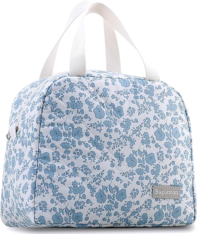 Insulated Lunch Bag for Women – Stylish Reusable Lunch Tote, Cute Thermal Lunch Bags for for Work&Picnic&Travel – Premium Insulated Lunch Bag for Women with Quilted Design (CottonBlueFlower)
