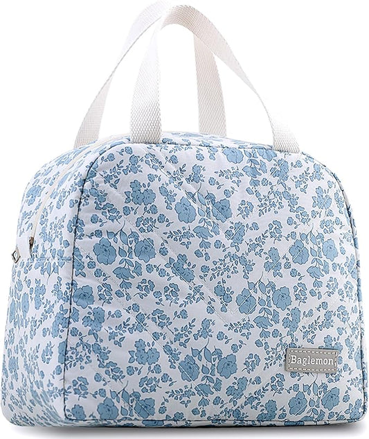 Insulated Lunch Bag for Women – Stylish Reusable Lunch Tote, Cute Thermal Lunch Bags for for Work&Picnic&Travel – Premium Insulated Lunch Bag for Women with Quilted Design (CottonBlueFlower)