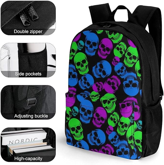 Women Men Polyester Funny Goth Skull Art Casual Daypack Large Capacity Bookbag With Side Pockets for Sports Picnic Walking Cycling