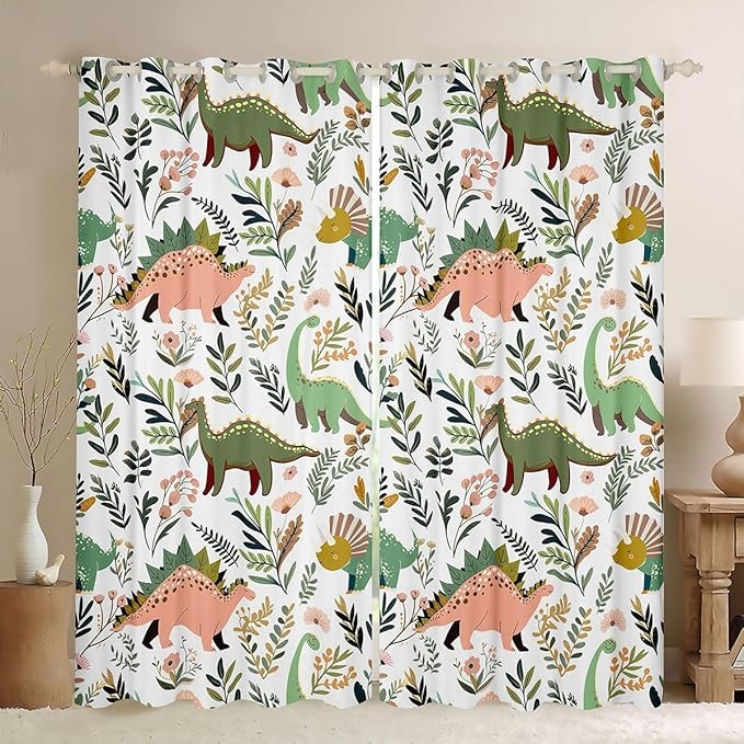 Green Dinosaurs Window Curtain | Tropical Palm Leaf Window Treatment Curtain for Kids Bedroom Decor,Cartoon Dinosaur Curtains Colorful Floral Living Room Top 2 Panels,38Wx45L