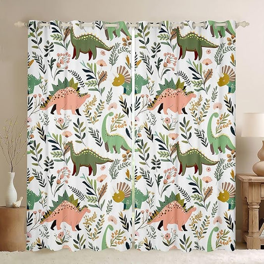Green Dinosaurs Window Curtain | Tropical Palm Leaf Window Treatment Curtain for Men Bedroom Decor,Cartoon Dinosaur Curtains Colorful Floral Living Room Top 2 Panels,52Wx63L