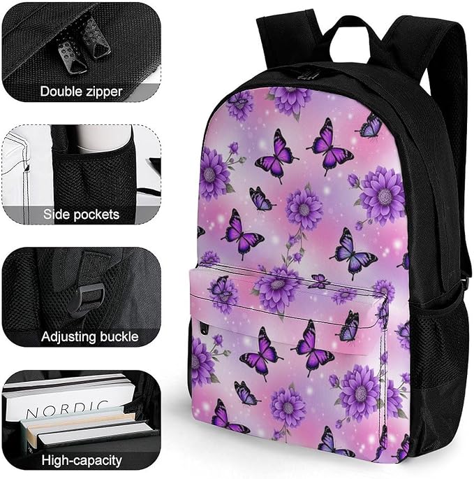 Rucksacks Lightweight Multipurpose Anti-Theft Butterfly Purple Flowers Shoulder Bag Big Capacity Traveling Camping Backpack With Side Pockets