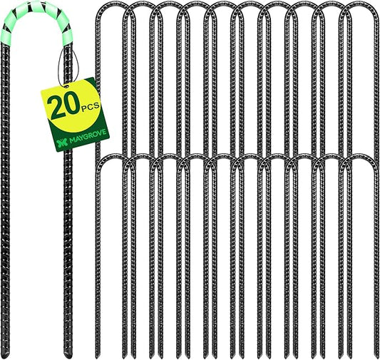 12 Inch Rebar Stakes Heavy Duty 20 Pack, U Shaped Ground Stakes, Galvanized Steel Trampoline Stakes, Tent Anchor Kit Anti-Rust, Drip Hose Wind Stakes, Black