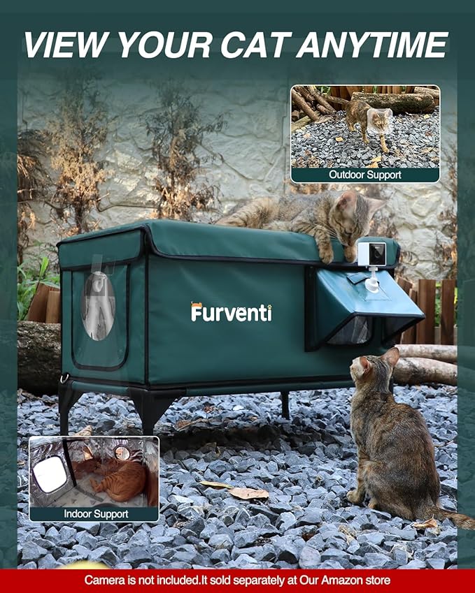 Outdoor Heated Cat House in Winter,Extremely Insulated & Weatherproof,Elevated Feral Cat Shelter with Waterproof Eaves & Escape Door for Outside Stray Barn Cat (Green,L)