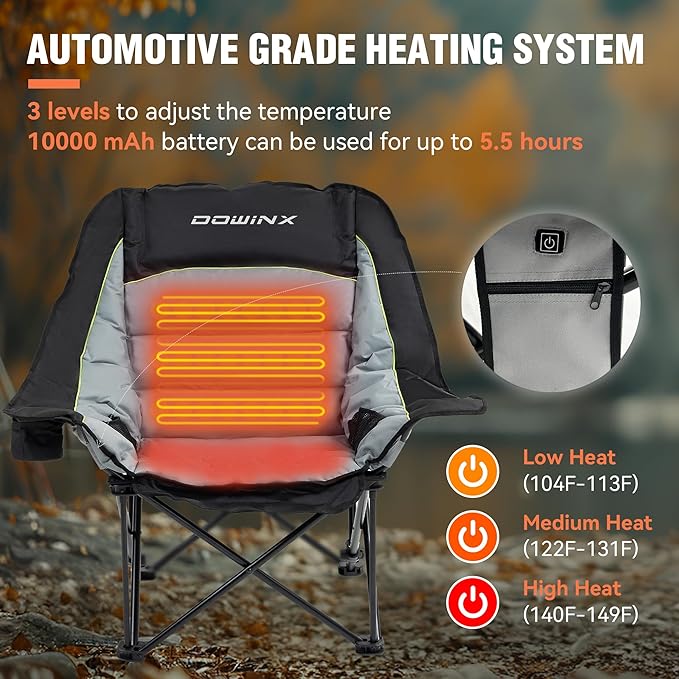 Dowinx Heated Camping Chair for Adults - Oversized Extra Large Folding Chair with Adjustable Padded Seat, Cup Holder, 400 lbs Capacity, Black