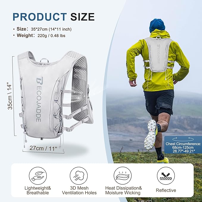 Running Vest Hydration Backpack for Men Women, 5L Lightweight Running Backpack Hydration Pack for Marathon, Trail, Cycling, Hiking, Jogging