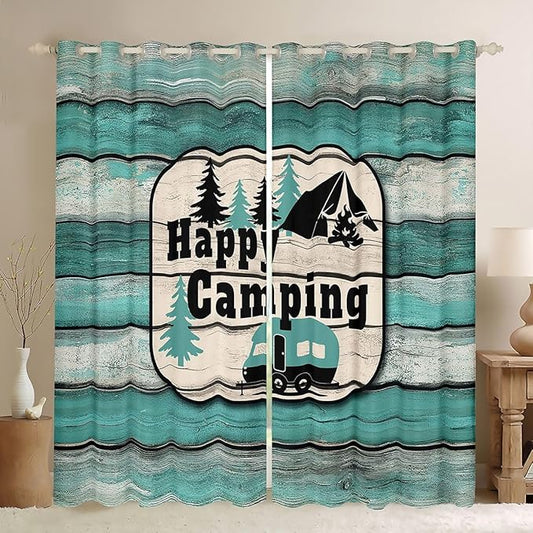 Erosebridal Camper Window Curtains 42" Wx63 L Happy Camping Blackout Curtains for Bedroom Living Room,Country Camping Adventure Window Treatments Sketch Drawing Wooden Farmhouse Drapes Decor 2 Panels