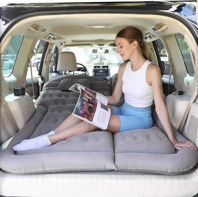 SUV Air Mattress Car Bed Inflatable Mattress for Truck Backseat - Foldable Air Mattress with Flocking Surface and Electric Pump Portable Air Bed for Home Tent Camping Travel - Light Grey