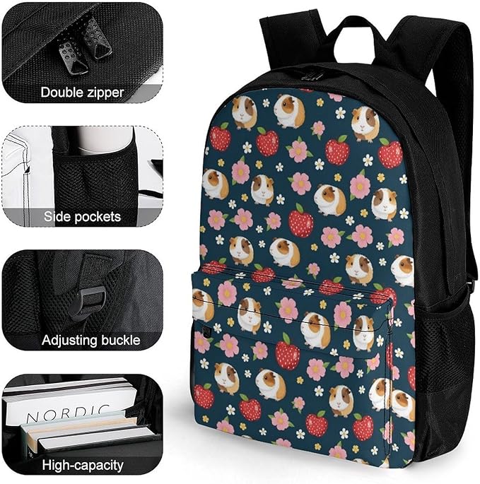 Supdreamc Lightweight Daypack Backpack for Sports Travel Running, Large Capacity Multipurpose Anti-Theft Bookbag, Guinea Pigs Flowers Floral Laptop Backpack Daypack