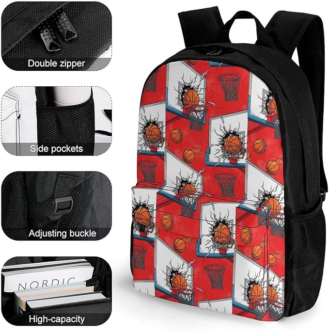 Rucksacks Multipurpose Anti-Theft Big Capacity Bookbag, Basketball Rack Red Travel Hiking Camping Rucksack With Padded Straps