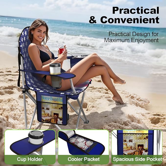 Folding Camping Chairs Durable 600D Oxford, Portable Outdoor Chair with Cooler Pouch, Cup Holder & Storage Pocket for Camping, Beach, Fishing