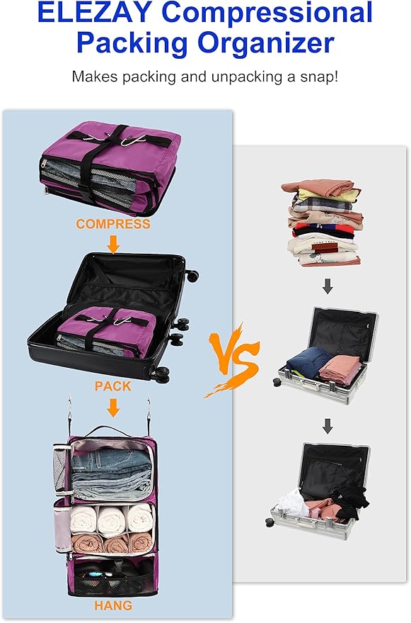 ELEZAY Hanging Packing Cubes Portable Closet 3-Shelf Travel Collapsible Compression Garment Organizer for Carry-on Luggage Suitcase Space Saver Bag X-Large_No Side Pockets, Purple
