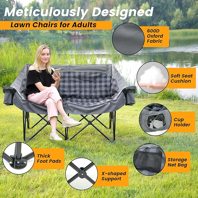 QUYUAN Double Camping Chair for Adult, Heavy Duty Folding Chair for 800lbs, Comfortable Lawn Chairs with Fully Padded, Camp Chairs for Outdoor Sports, Fishing, Concerts, Beach, Gray Camping Loveseat