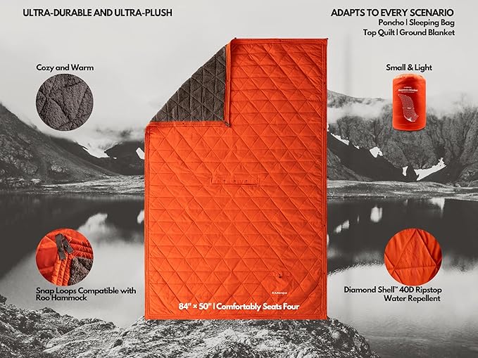 KAMMOK Mountain Blanket - Ultra-Plush Fleece, Water Resistant, Portable, Durable, Indoor/Outdoor Camp Blanket (84 in × 50 in) - Ember Orange