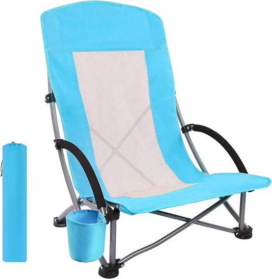Beach Chairs Beach Chairs for Adults Folding Camping Chair with High Mesh Back w/Carry Bag and Cup Holder, Portable Lightweight for Outdoor, Beach, Camping, Picnic (1-Pack Blue)