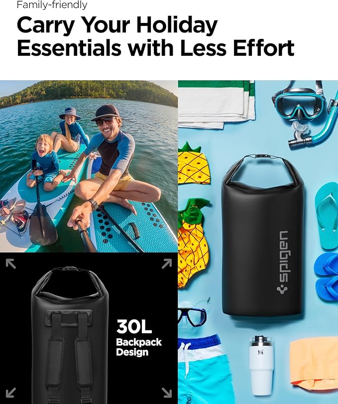 Spigen AquaShield Waterproof Dry Bag Backpack A631, 30L Roll Top Lightweight Dry Storage Bag for Travel, Swimming, Boating, Kayaking, Camping and Beach