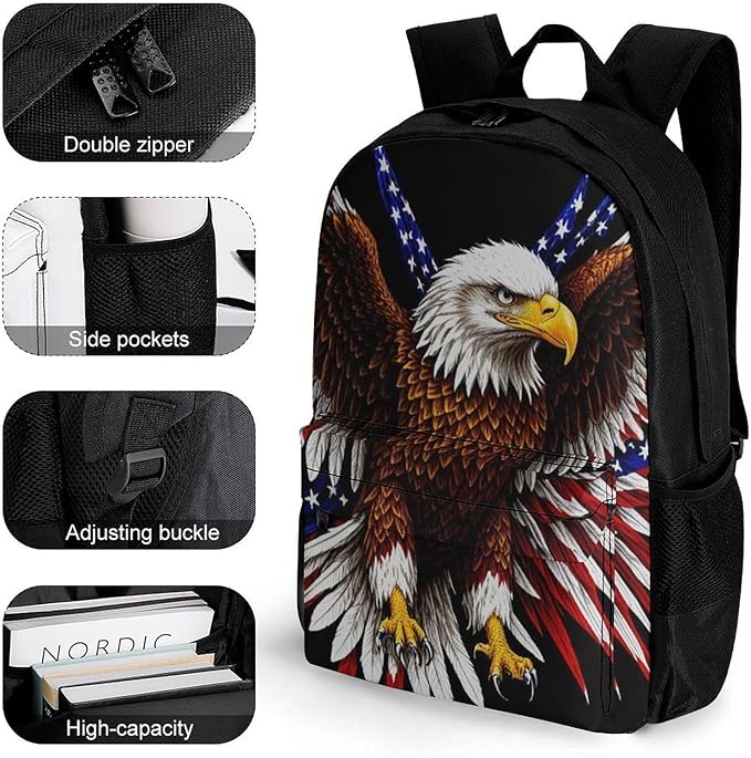 Backpack Anti-Theft Multipurpose Large Capacity Carry On Bag, Bald Eagle American Flag Camping Outdoor Backpack With Side Pockets