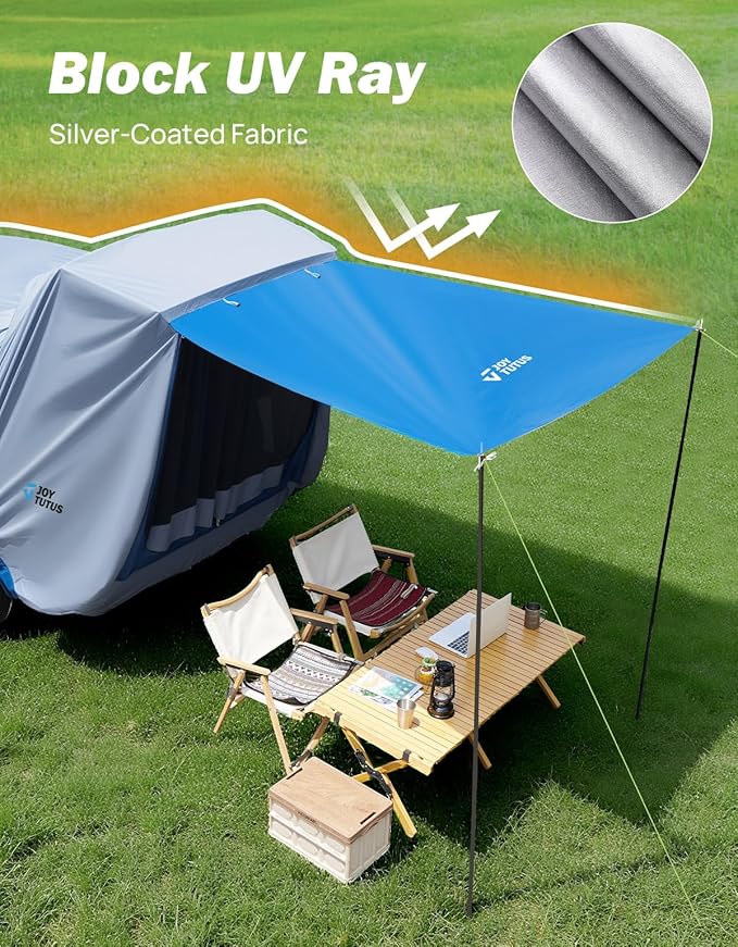 JOYTUTUS SUV Tailgate Tent with Big Awning, Water Resistant SUV Camping Tent with Car Roof Cover, Universal Fit Most Suvs, Car, Grey Blue