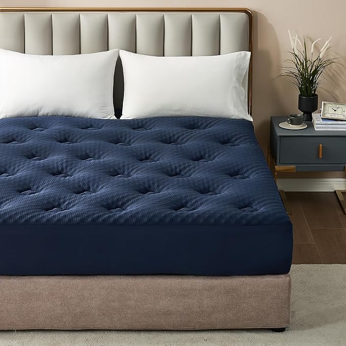 Hansleep RV Short Queen Mattress Pad Topper Memorry Foam, Camping Queen Foam Mattress Topper Viscose Derived from Bamboo, RV Mattress Pad Cover for Back Pain Relief, 60" x 75", Navy Blue