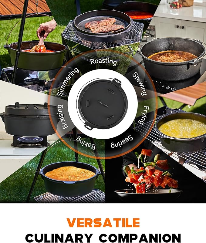 DARTMOOR 9 Quart Pre-Seasoned Cast Iron Dutch Oven with Lid and Lid Lifter Tool Outdoor Deep Camp Pot for Camping Fireplace Cooking BBQ Baking Campfire 9 QT