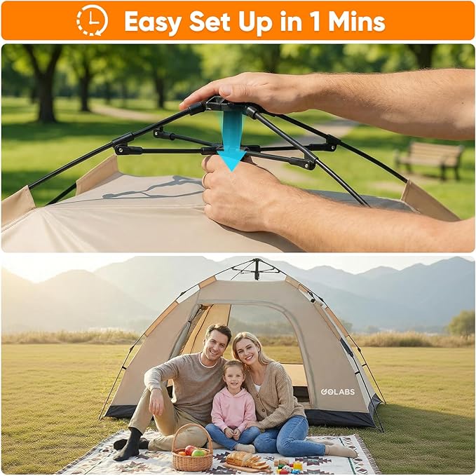 Golabs CT3 2 Person Instant Camping Tent, 1-Minute Setup by Pre-Attached Pole, 4 Side Mesh & Door Ventilation, Lightweight 4.8lbs Portable Design with Carry Bag, Inner Storage Pockets & Hooks for Park