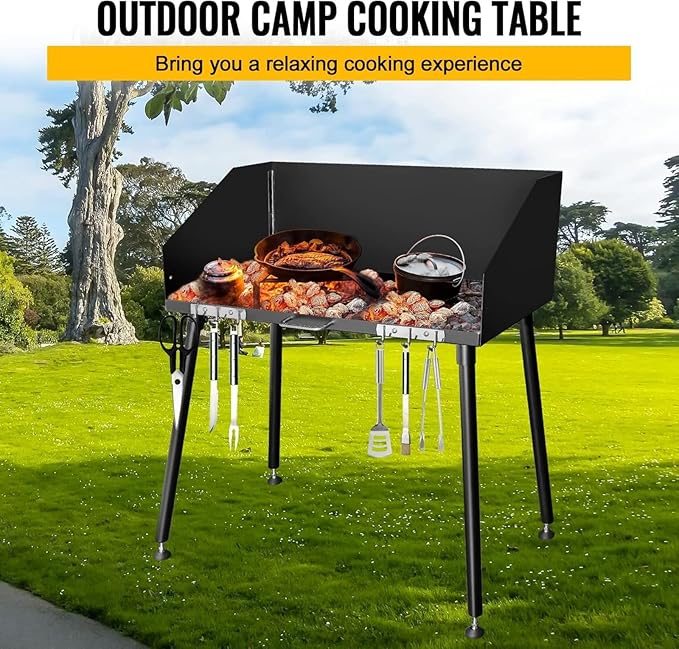 Carbon Steel Dutch Oven Camp Cooking Table with Three-Sided Windscreen and Four Legs for Grill Travel, Outdoor Picnic, Beach, BBQ, Backyards,30x16