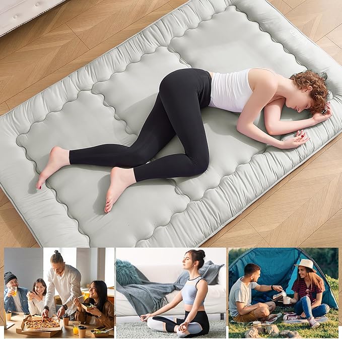 Japanese Floor Futon Mattress Queen Size, 4" Thicken Foldable Mattress Tatami Mat Sleeping Pad, 25D Foam Filled Traditional Shiki Futon (shikibuton), Designed in Japan (Light Grey 60"x 80")