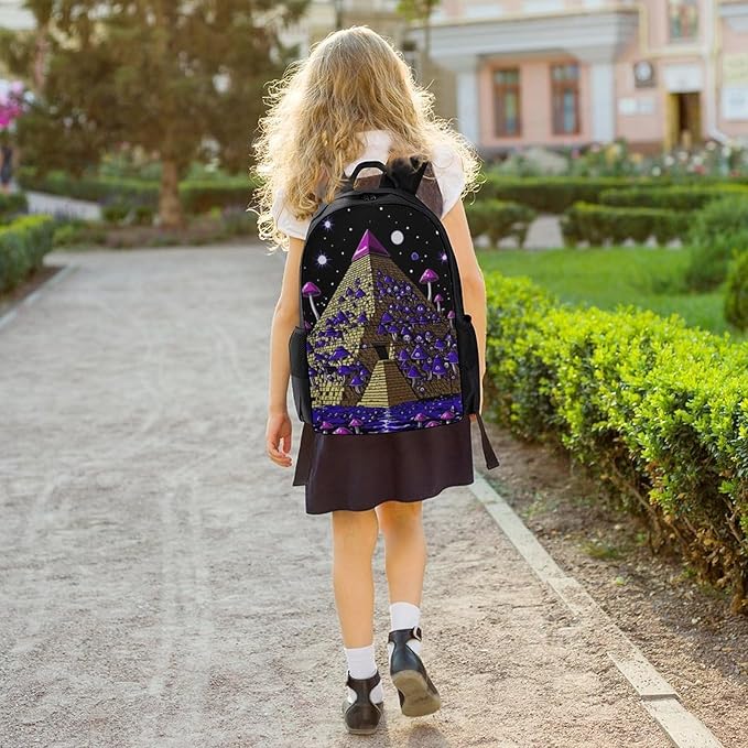 Men Women Lightweight Trippy Magic Pyramid Mushrooms Universe Art Casual Daypack Big Capacity Bookbag With Padded Straps for Gym Travel Walking Cycling