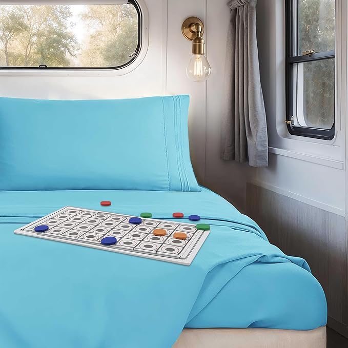 Hearth & Harbor Short Queen Sheets for RV, Bright Blue RV Queen Sheets, Silky Soft 1800 Microfiber Bed Sheet for Camper, 4 Piece RV Bedding with Pillowcases