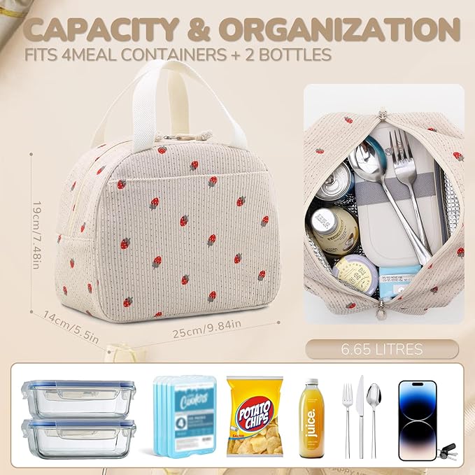 Lunch Bag for Women Men Cute Corduroy Lunch Tote Bags Reusable Insulated Lunch Box Large Capacity Reusable Insulated Cooler for Work/Picnic/Travel