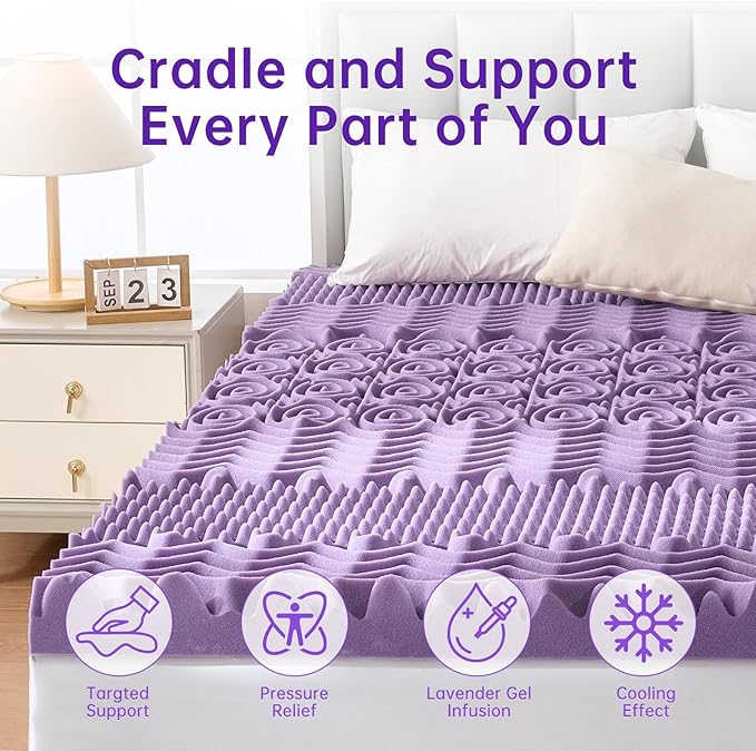 MUXHOMO 3.9 Inch 7-Zone King Mattress Topper, Egg Crate Memory Foam Mattress Topper King Size for Back Pain, Lavender Cooling Gel Infused Bed Pad, CertiPUR-US and Oeko-TEX Certification (76"×80")