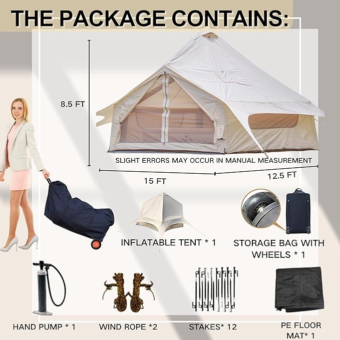 Inflatable Tent, Outdoor Easy Setup Inflatable Tents for Camping, Portable Blow Up Tent with Stove Jack, Cotton Canvas Material for Glamping, for 4 Season, 4/6/8/10 Person Use
