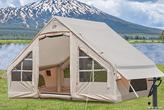 Inflatable Tents for Camping with Stove Jack, 2/4/6/8 Person Easy Setup Blow Up Tents for 4 Seasons Waterproof Inflatable Camping Tent with Awning, Air House Glamping Tents for Camping Adult