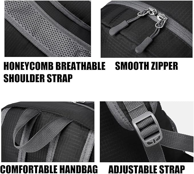 20L Hiking Backpack Foldable Small Camping Pack for Men Women Outdoor Travel Waterproof Daypack Lightweight Shoulder Bag Black (Black)