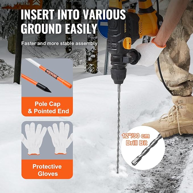 VEVOR Driveway Markers, 100 PCS 48 inch, 0.31 inch Diameter, Orange Fiberglass Poles Snow Stakes with Reflective Tape, 12" Steel Drill Bit & Protection Gloves for Parking Lots
