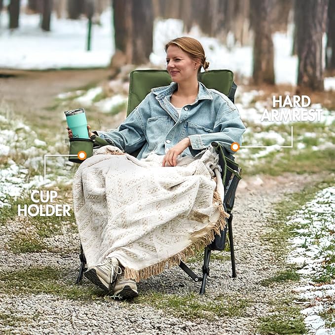Portal Heated Camping Chairs for Adults Outdoor Sports Oversized Folding Lawn Chair with High Back, Heavy Duty 400 Lbs, Battery Not Included, Green