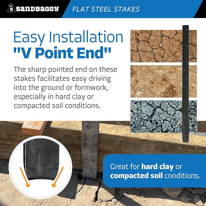 Sandbaggy Flat Steel Stakes for Concrete Forms with Nail Holes - 1.5" Wide - Painted - Removable, Reusable, V Point End - Construction Grade Stakes (5, 30 inch)